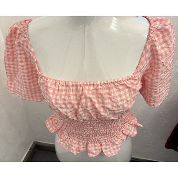 BCBGeneration Women’s Pink/White Gingham Cropped Milkmaid Top Size Medium - Picture 1 of 5